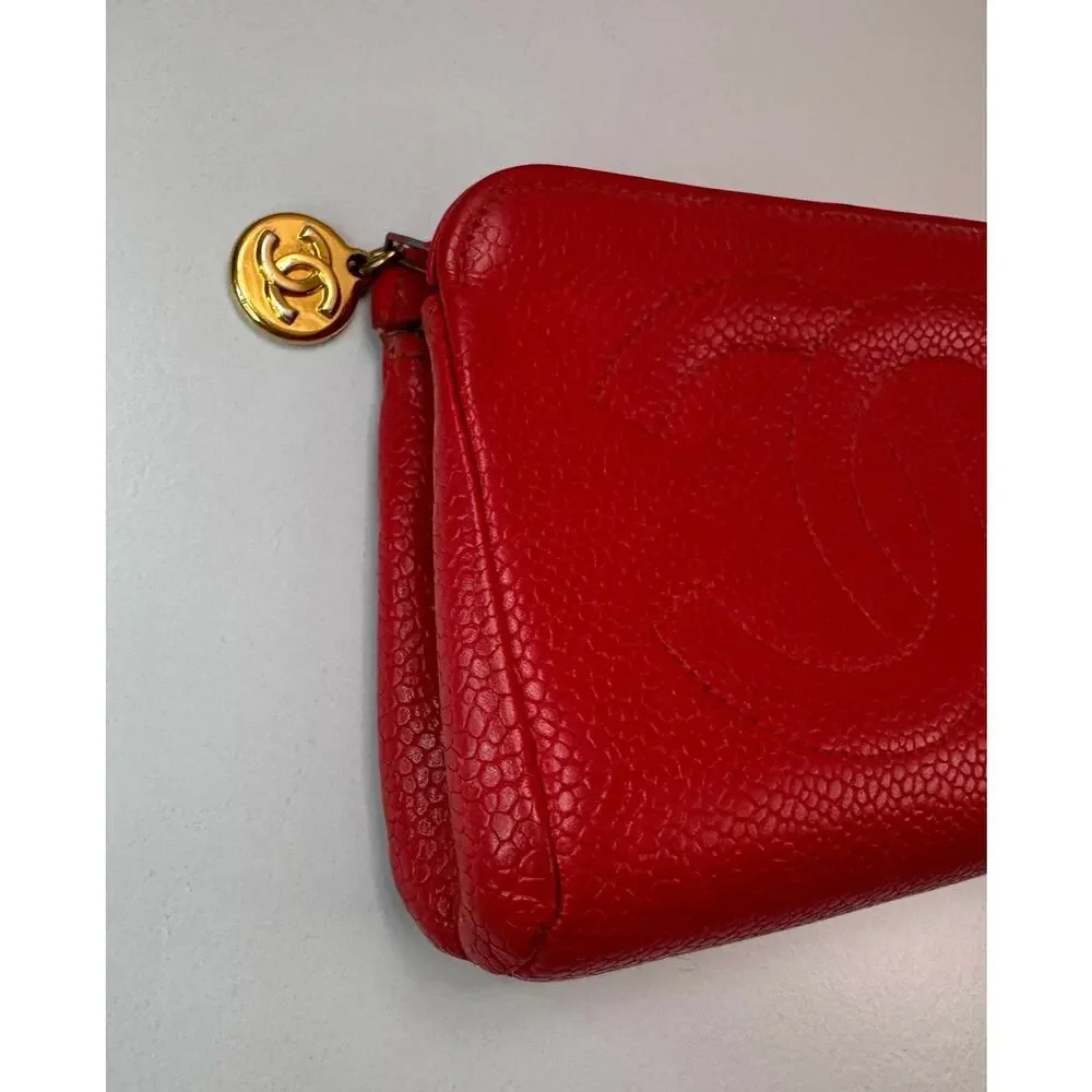 Vintage CHANEL Red Caviar Caviar Leather CC Top Zip Coin Change Card Wallet Bag